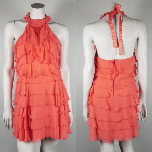Alice + Olivia Coral Silk Chiffon Ruffle Tiered Halter Mini Party Dress Size M - Picture 1 of 11